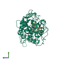 PDB entry 1mn1 coloured by chain, side view.