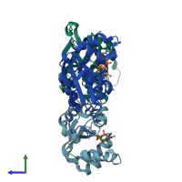 PDB entry 1mn9 coloured by chain, side view.