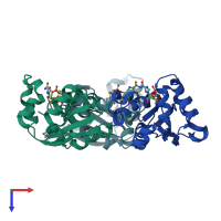 PDB entry 1mn9 coloured by chain, top view.