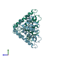 PDB entry 1mng coloured by chain, side view.