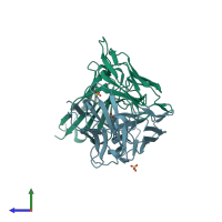 PDB entry 1moe coloured by chain, side view.