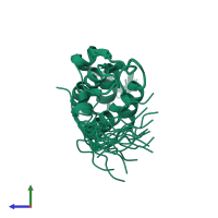 PDB entry 1mp1 coloured by chain, ensemble of 20 models, side view.