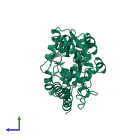 PDB entry 1mpb coloured by chain, side view.