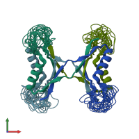 PDB entry 1mpe coloured by chain, ensemble of 21 models, front view.