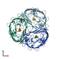 PDB entry 1mpn coloured by chain, front view.
