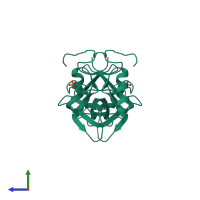 Homo dimeric assembly 1 of PDB entry 1mpu coloured by chemically distinct molecules, side view.