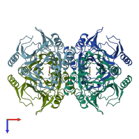 PDB entry 1mpy coloured by chain, top view.