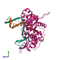 PDB entry 1mq2 coloured by chain, side view.
