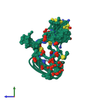 PDB entry 1mqx coloured by chain, ensemble of 12 models, side view.