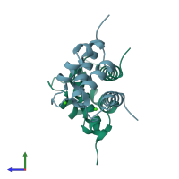 PDB entry 1mr8 coloured by chain, side view.