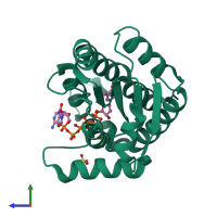 PDB entry 1mrn coloured by chain, side view.