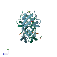 PDB entry 1mt8 coloured by chain, side view.