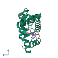 PDB entry 1mtj coloured by chain, side view.