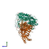 PDB entry 1mu2 coloured by chain, side view.