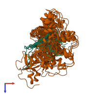 PDB entry 1mv0 coloured by chain, ensemble of 20 models, top view.