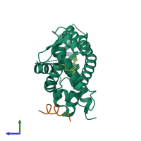 PDB entry 1mv9 coloured by chain, side view.