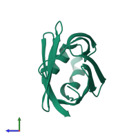 Monomeric assembly 1 of PDB entry 1mvg coloured by chemically distinct molecules, side view.