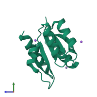 PDB entry 1mvo coloured by chain, side view.