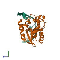 PDB entry 1mwi coloured by chain, side view.