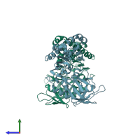 PDB entry 1mwk coloured by chain, side view.