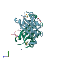 PDB entry 1mwq coloured by chain, side view.