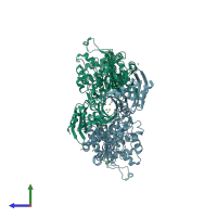 PDB entry 1mwt coloured by chain, side view.