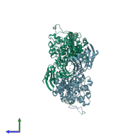 PDB entry 1mwu coloured by chain, side view.