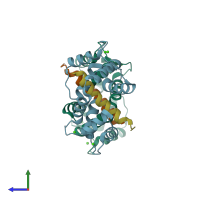 PDB entry 1mxe coloured by chain, side view.
