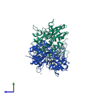 PDB entry 1mxu coloured by chain, side view.