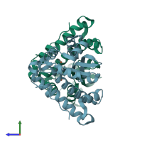 PDB entry 1my6 coloured by chain, side view.