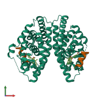 Hetero tetrameric assembly 1 of PDB entry 1mzn coloured by chemically distinct molecules, front view.