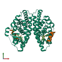 Hetero tetrameric assembly 2 of PDB entry 1mzn coloured by chemically distinct molecules, front view.