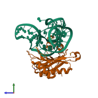 PDB entry 1mzp coloured by chain, side view.