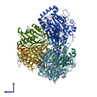 PDB entry 1ndo coloured by chain, side view.