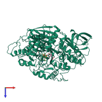 Monomeric assembly 1 of PDB entry 1nis coloured by chemically distinct molecules, top view.