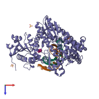 Hetero trimeric assembly 1 of PDB entry 1nkc coloured by chemically distinct molecules, top view.