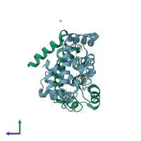 PDB entry 1np8 coloured by chain, side view.