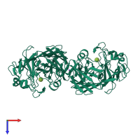 Homo dimeric assembly 1 of PDB entry 1ns7 coloured by chemically distinct molecules, top view.