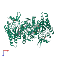 Homo dimeric assembly 2 of PDB entry 1nsi coloured by chemically distinct molecules, top view.