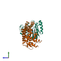 PDB entry 1nt2 coloured by chain, side view.