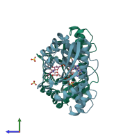PDB entry 1nuq coloured by chain, side view.