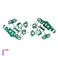 Homo dimeric assembly 1 of PDB entry 1nxt coloured by chemically distinct molecules, top view.