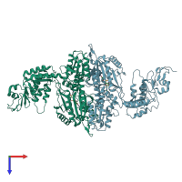 PDB entry 1nyq coloured by chain, top view.
