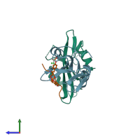 PDB entry 1nzv coloured by chain, side view.