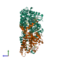 Hetero trimeric assembly 2 of PDB entry 1nzy coloured by chemically distinct molecules, side view.