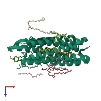 PDB entry 1o0a coloured by chain, ensemble of 2 models, top view.