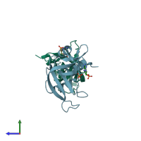 PDB entry 1o0f coloured by chain, side view.