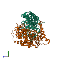 PDB entry 1o1s coloured by chain, side view.