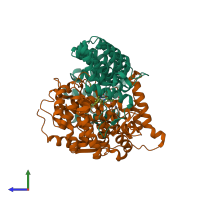 PDB entry 1o1t coloured by chain, side view.