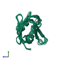 PDB entry 1o1u coloured by chain, ensemble of 10 models, side view.